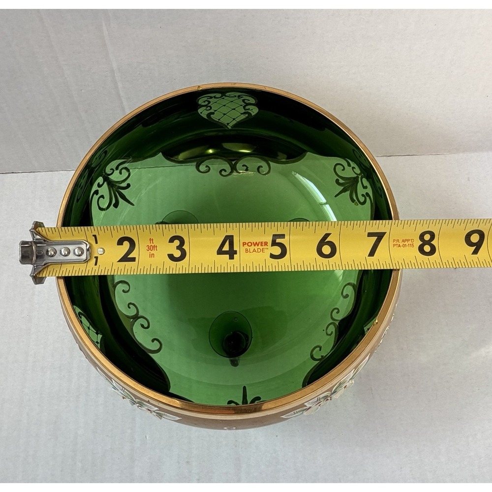 Czech Bohemian Gilded Gold Green Glass Bowl - Picture 11 of 12